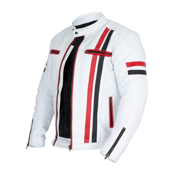 White Genuine Leather Motorcycle Jacket - Real Leather Moto Biker Jacket Mens - Picture 3 of 5